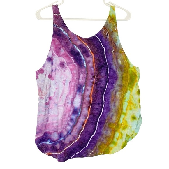 Handmade Geode Tie Dye Tank Top Shirt Womens Size Large Pink Chartreuse Upcycled - Picture 2 of 8